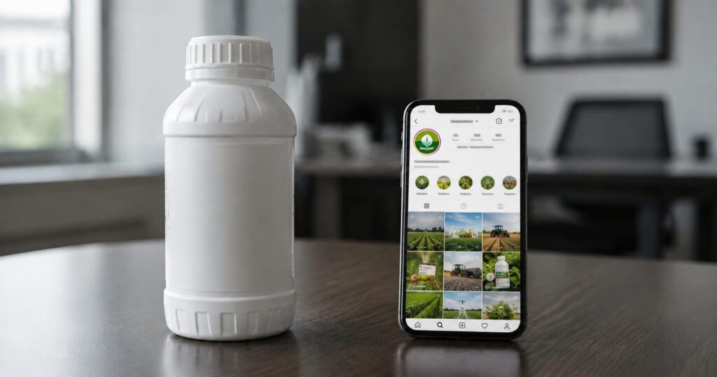 Frasco genérico de defensivo agrícola ao lado de um celular exibindo um perfil fictício do setor nas redes sociais, em ambiente corporativo.